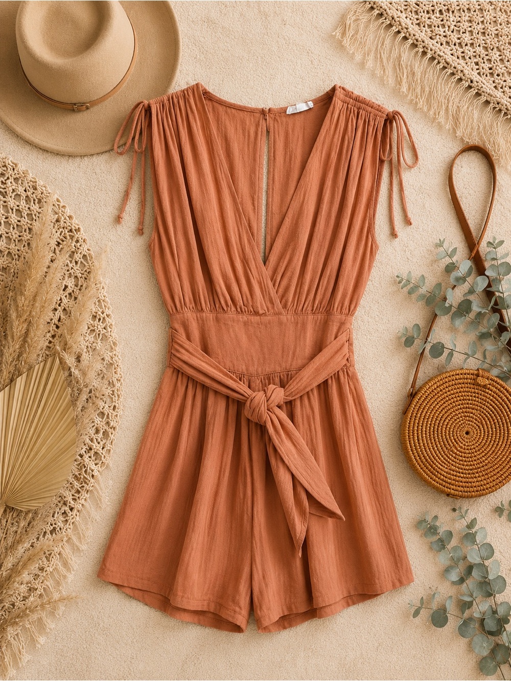 Rust Sleeveless V-Neck Waist Tie Romper